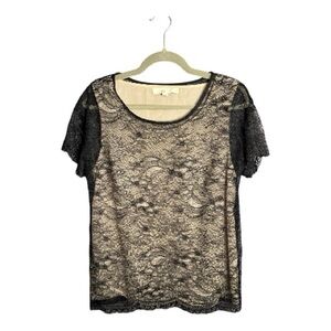 LOFT Tan Blouse w/ Black Lace Short Sleeve Overlay Size Small